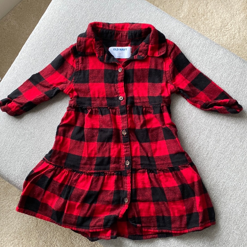 Old Navy Toddler Girl Red Buffalo Check Long Sleeve Tiered Flannel Dress